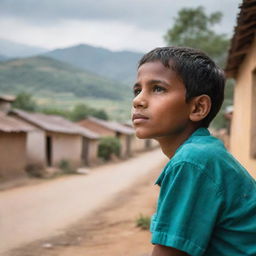 A young boy named Zaheer daydreaming in a peaceful small village, the image centered on him as he visualizes a brighter future for his community.