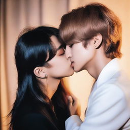 Kim Taehyung, a popular South Korean singer and member of BTS, gently kisses a dark-haired girl on the neck