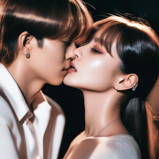 Kim Taehyung, a popular South Korean singer and member of BTS, gently kisses a dark-haired girl on the neck