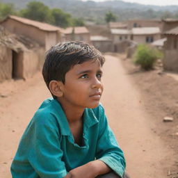 A young boy named Zaheer daydreaming in a peaceful small village, the image centered on him as he visualizes a brighter future for his community.