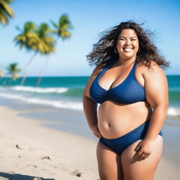 A plus size girl confidently wearing a bikini, standing on a sunny beach with waves crashing in the background