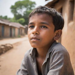 A young boy named Zaheer daydreaming in a peaceful small village, the image centered on him as he visualizes a brighter future for his community.