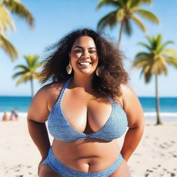 A plus size girl confidently wearing a bikini, standing on a sunny beach with waves crashing in the background