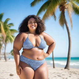 A plus size girl confidently wearing a bikini, standing on a sunny beach with waves crashing in the background