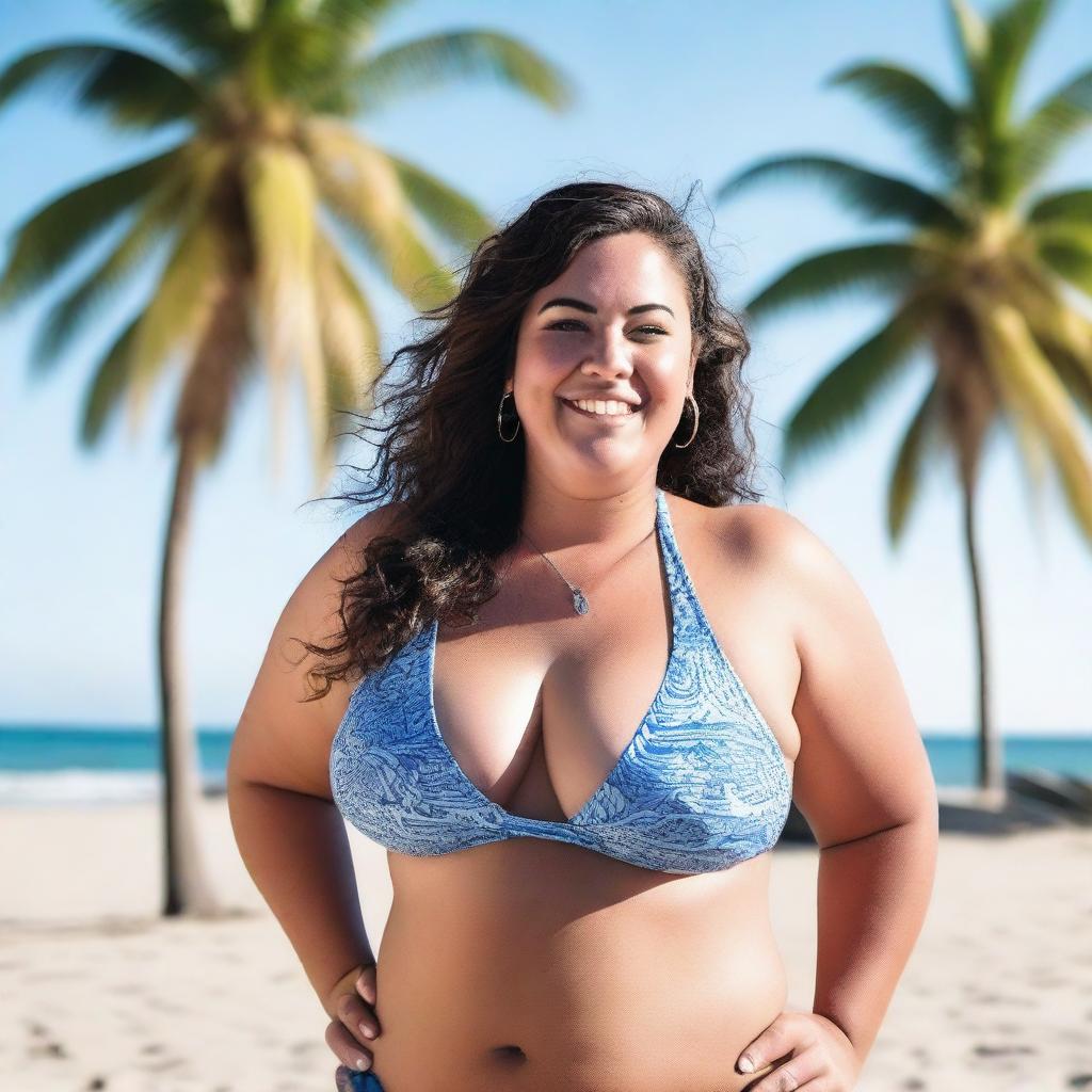 A plus size girl confidently wearing a bikini, standing on a sunny beach with waves crashing in the background