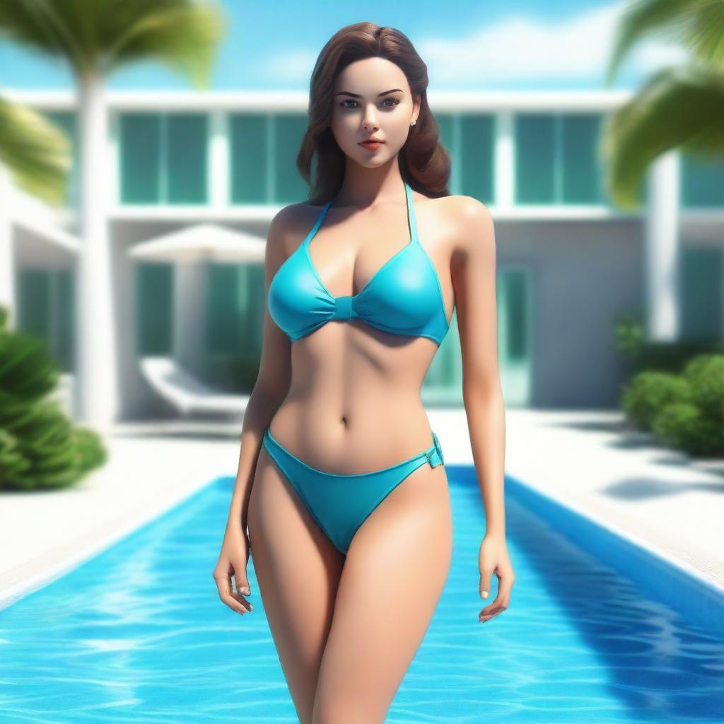 Create a 3D illustration of a beautiful girl standing in a swimming pool, wearing a bikini