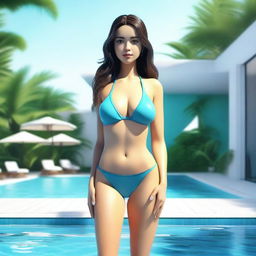 Create a 3D illustration of a beautiful girl standing in a swimming pool, wearing a bikini