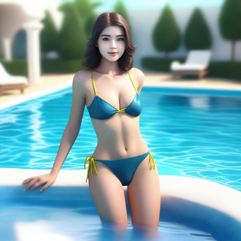 Create a 3D illustration of a beautiful girl standing in a swimming pool, wearing a bikini