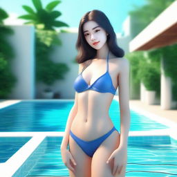 Create a 3D illustration of a beautiful girl standing in a swimming pool, wearing a bikini