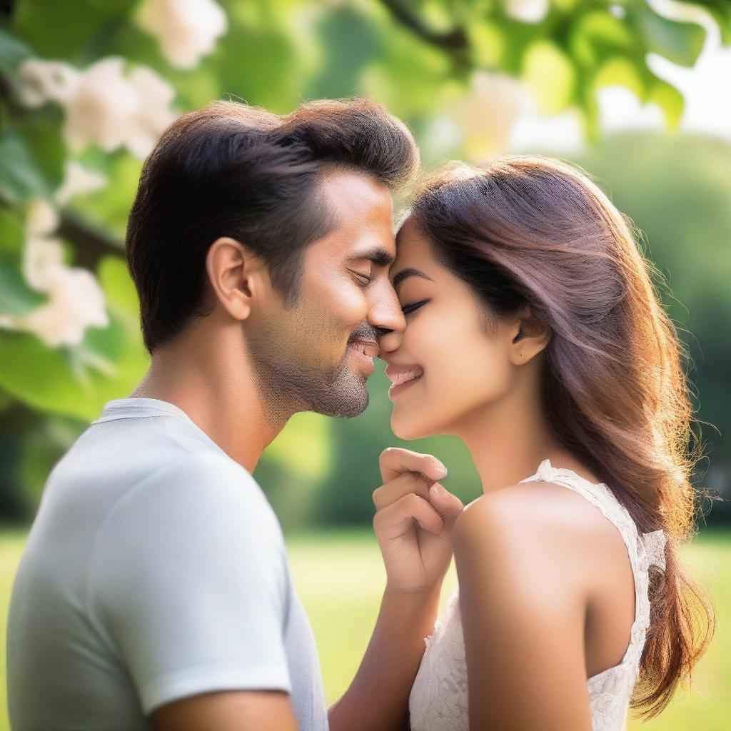 A man gently smelling a woman's hair in a peaceful and serene setting