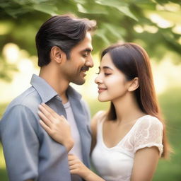 A man gently smelling a woman's hair in a peaceful and serene setting