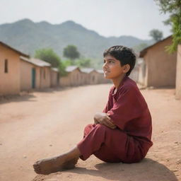 A young boy named Zaheer daydreaming in a peaceful small village, the image centered on him as he visualizes a brighter future for his community.