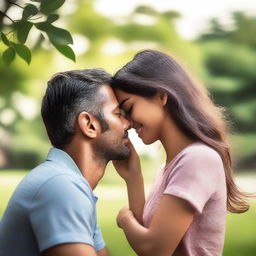 A man gently smelling a woman's hair in a peaceful and serene setting