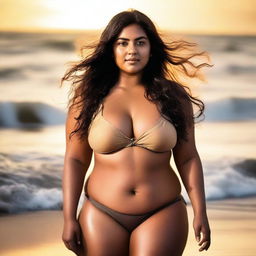 A plus size beautiful Indian girl in a bikini, standing confidently on a sea beach with waves gently crashing in the background