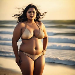 A plus size beautiful Indian girl in a bikini, standing confidently on a sea beach with waves gently crashing in the background