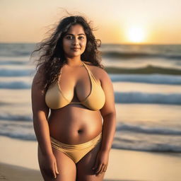 A plus size beautiful Indian girl in a bikini, standing confidently on a sea beach with waves gently crashing in the background