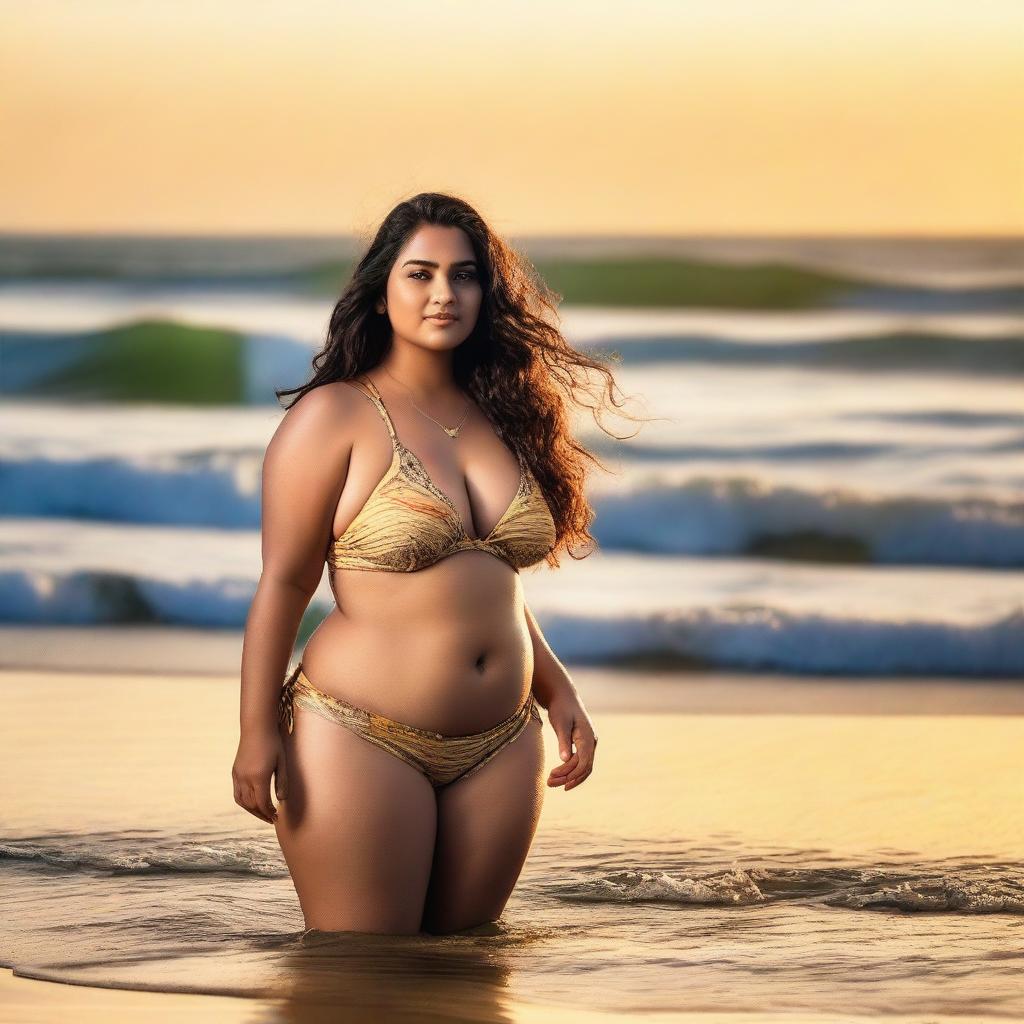 A plus size beautiful Indian girl in a bikini, standing confidently on a sea beach with waves gently crashing in the background