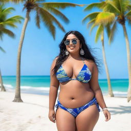 A plus-size beautiful Indian girl in a bikini, standing confidently on a sandy sea beach