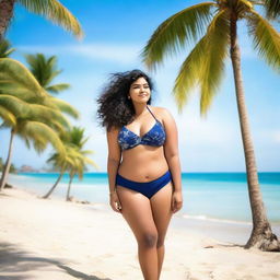 A plus-size beautiful Indian girl in a bikini, standing confidently on a sandy sea beach