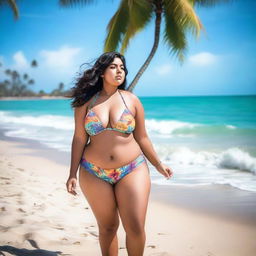 A plus-size beautiful Indian girl in a bikini, standing confidently on a sandy sea beach