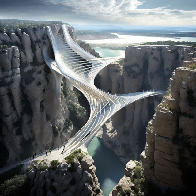 A Santiago Calatrava-inspired architectural bridge spans an incredible distance of kilometres between two towering cliffs, far above a raging river. The daytime sky casts soft light hues, and shards of light play off the structure's surfaces.