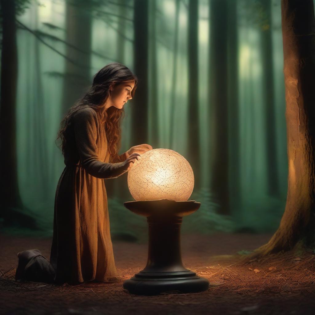 A female archeologist discovers a shimmering orb, pulsating with an ethereal glow upon a pedestal of polished stone