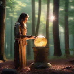 A female archeologist discovers a shimmering orb, pulsating with an ethereal glow upon a pedestal of polished stone