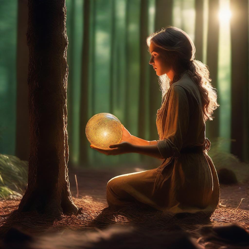 A female archeologist discovers a shimmering orb, pulsating with an ethereal glow upon a pedestal of polished stone