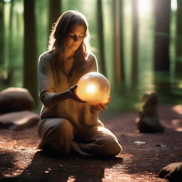 A female archeologist discovers a shimmering orb, pulsating with an ethereal glow upon a pedestal of polished stone