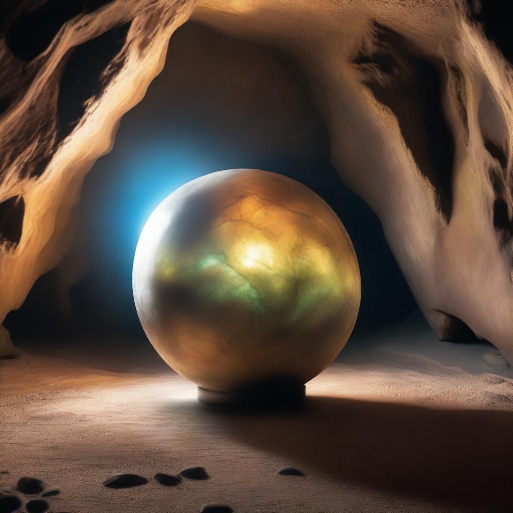 The archeologist discovered a shimmering orb, pulsating with an ethereal glow upon a pedestal of polished stone, in the cave under the river