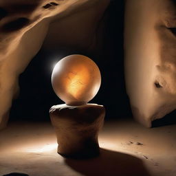 The archeologist discovered a shimmering orb, pulsating with an ethereal glow upon a pedestal of polished stone, in the cave under the river