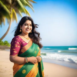 A plus size beautiful Indian girl wearing a colorful saree, standing on a scenic sea beach