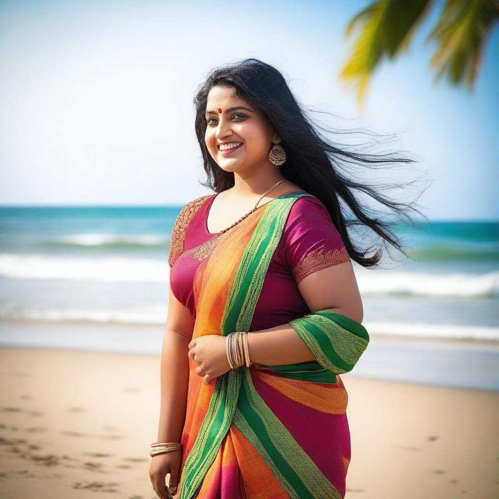 A plus size beautiful Indian girl wearing a colorful saree, standing on a scenic sea beach