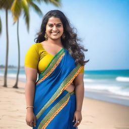 A plus size beautiful Indian girl wearing a colorful saree, standing on a scenic sea beach