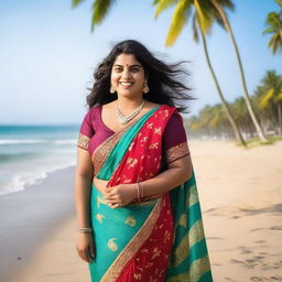 A plus size beautiful Indian girl wearing a colorful saree, standing on a scenic sea beach