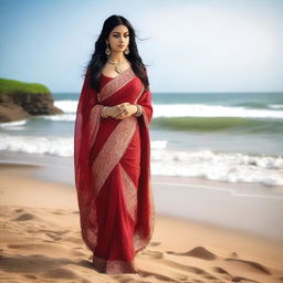 A beautiful Indian woman in a traditional saree standing on a serene sea beach