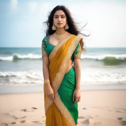 A beautiful Indian woman in a traditional saree standing on a serene sea beach