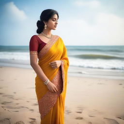 A beautiful Indian woman in a traditional saree standing on a serene sea beach