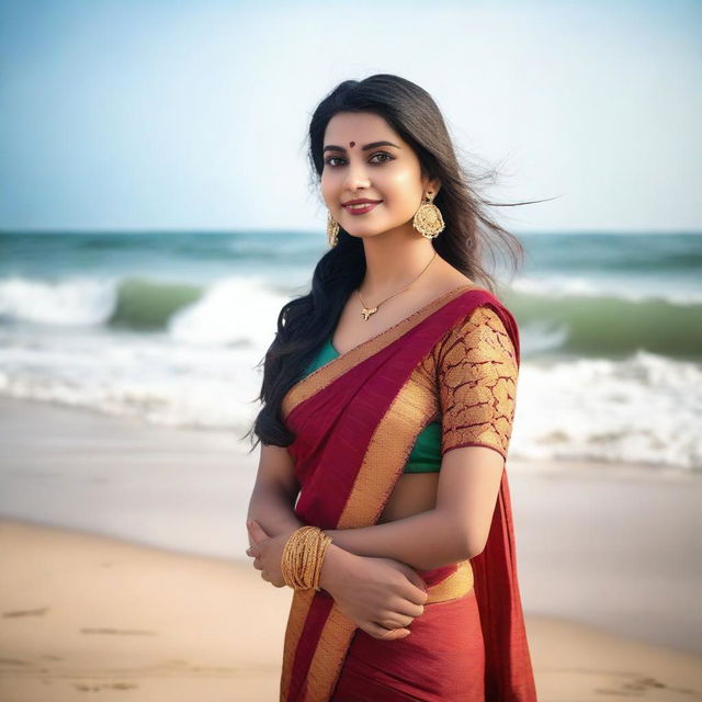 A beautiful Indian woman in a traditional saree standing on a serene sea beach