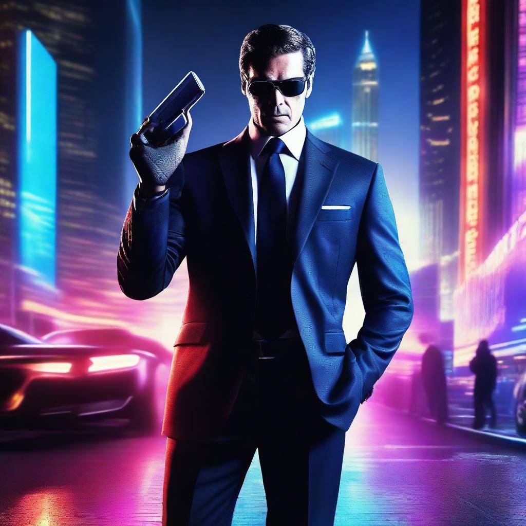 A dramatic spy movie poster featuring a mysterious agent in a sleek suit, holding a futuristic gadget