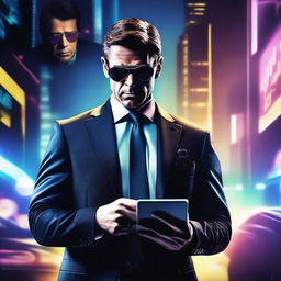 A dramatic spy movie poster featuring a mysterious agent in a sleek suit, holding a futuristic gadget