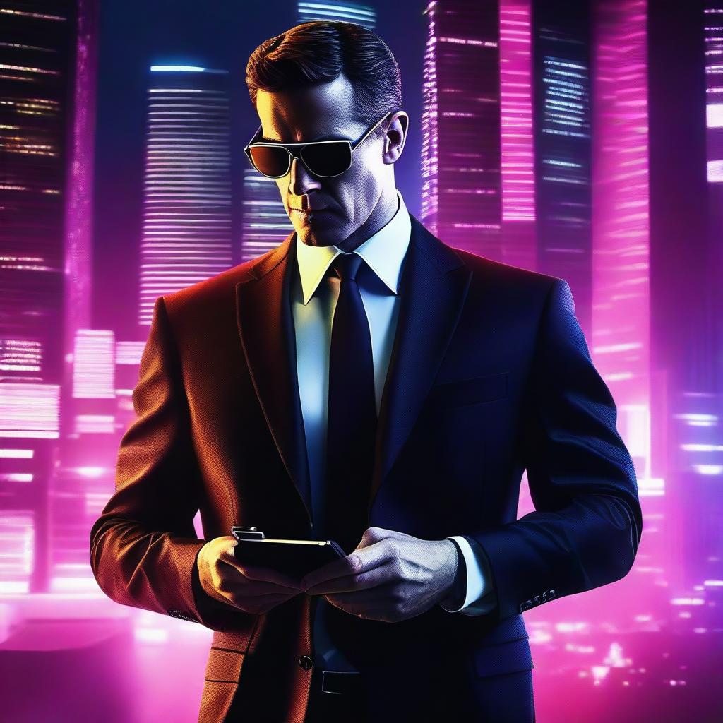 A dramatic spy movie poster featuring a mysterious agent in a sleek suit, holding a futuristic gadget