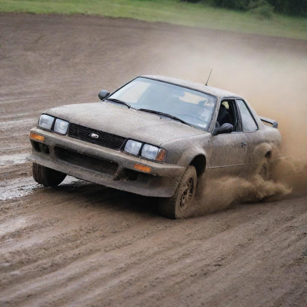 The previously described drift car, now caked in layers of mud and dust from an intense day on the track. The wear and tear tell a story of adrenaline-filled drifting experiences.