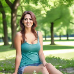 A woman with large breasts, dressed in casual clothing, sitting in a park