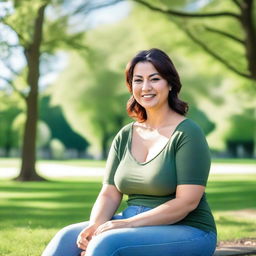 A woman with large breasts, dressed in casual clothing, sitting in a park