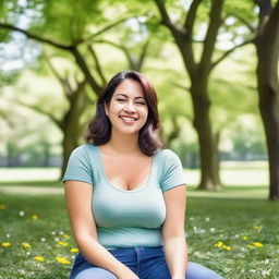 A woman with large breasts, dressed in casual clothing, sitting in a park