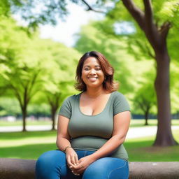 A woman with large breasts, dressed in casual clothing, sitting in a park