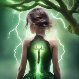 Create an extremely realistic book cover image featuring a girl with her back turned, showing only her hair and body, holding a dagger in her hand