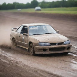 The previously described drift car, now caked in layers of mud and dust from an intense day on the track. The wear and tear tell a story of adrenaline-filled drifting experiences.