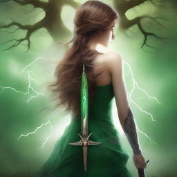 Create an extremely realistic book cover image featuring a girl with her back turned, showing only her hair and body, holding a dagger in her hand